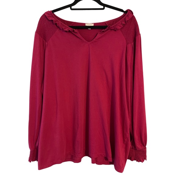 Talbots Tops - Talbots Cotton Red V-Neck Long Sleeve Ruffle Trim Knit Top Blouse Women's 3X‎